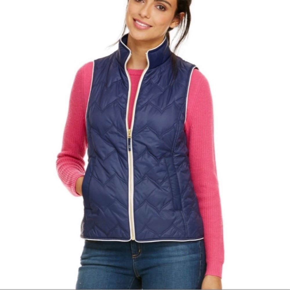 VINEYARD VINES Whale Tail Chevron Vest Quilted Puffer Navy Blue Ivory Jacket